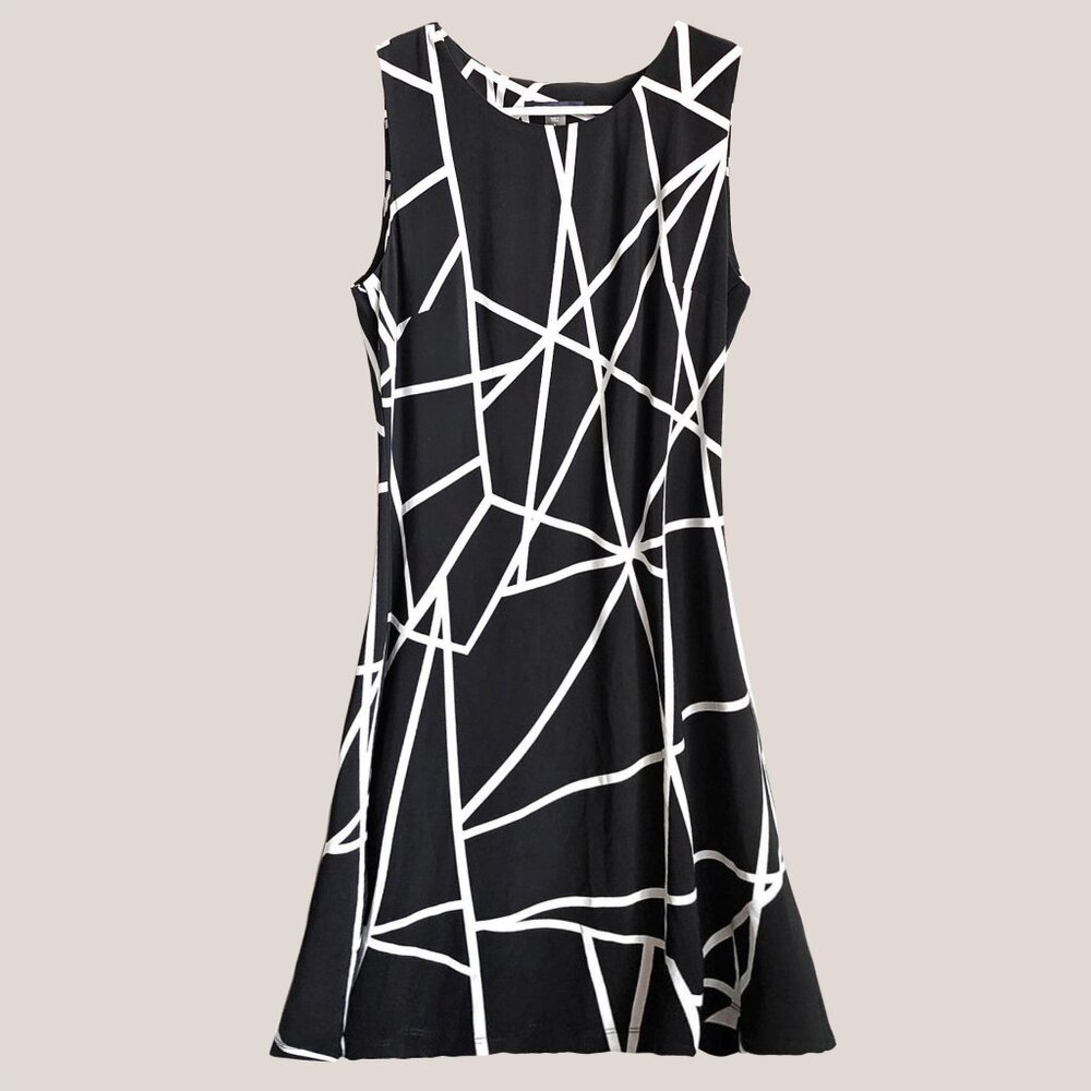 TOMMY HILFIGER Black & White Geometric Retro Shift Stretch Dress